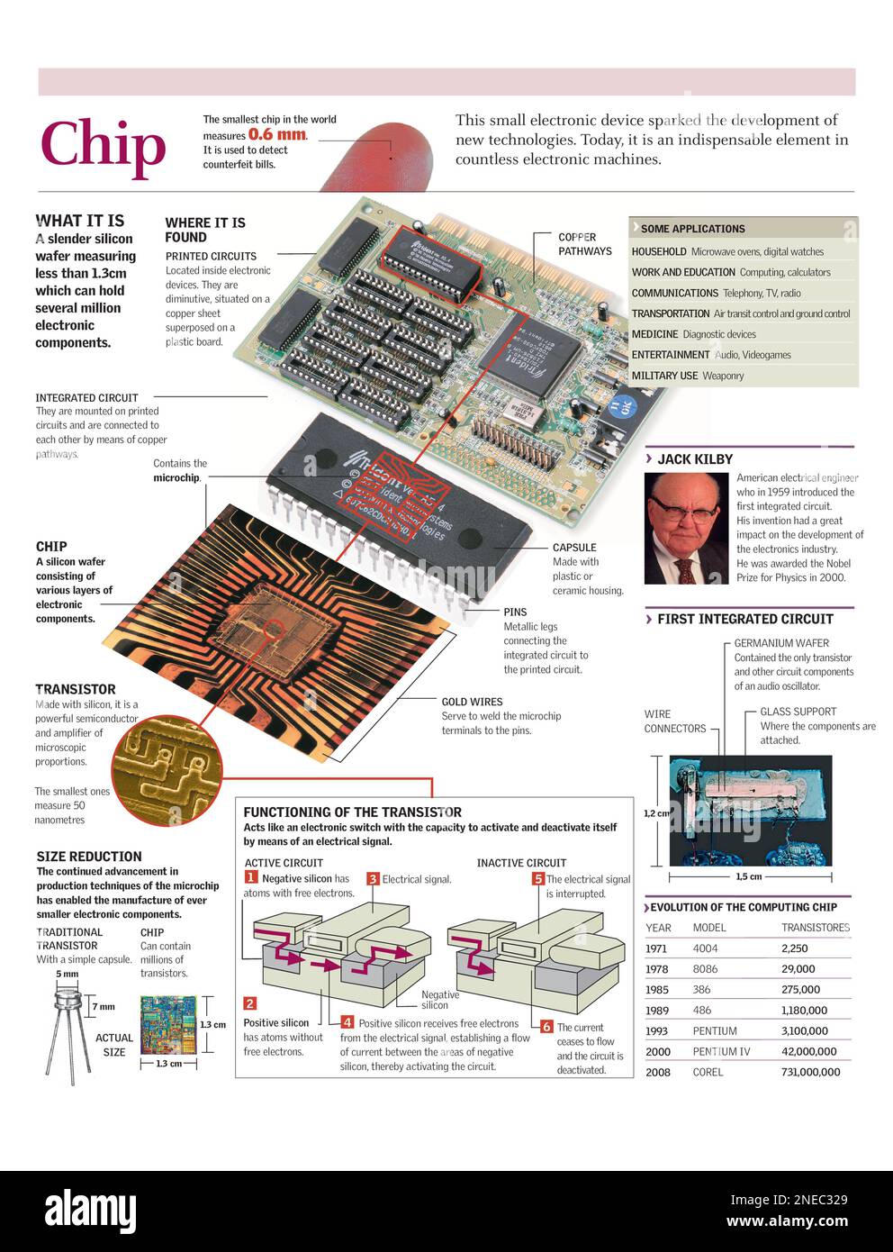 Infographics of the components of a chip or integrated circuit, its