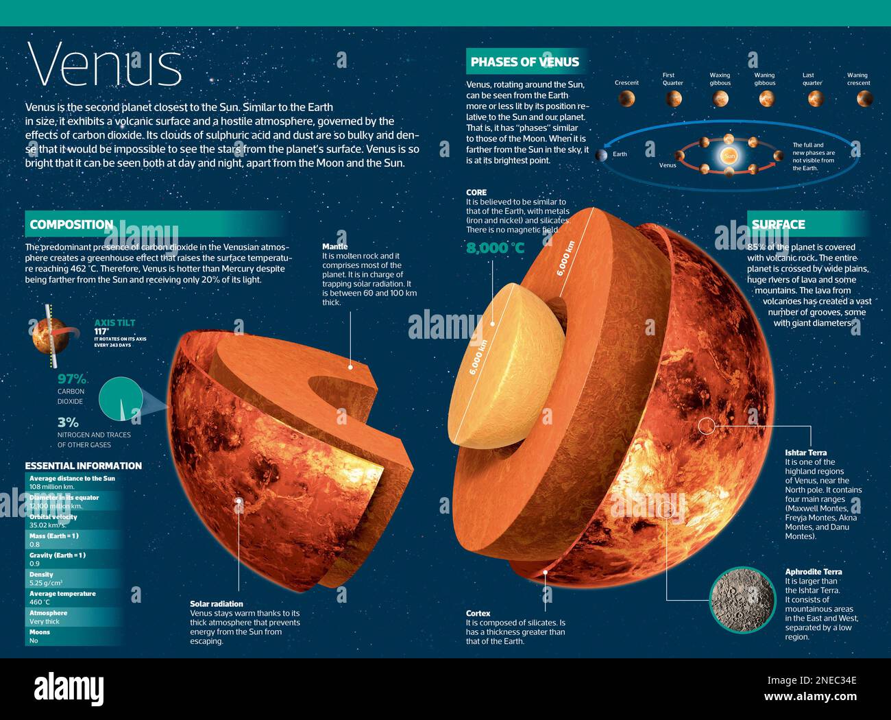 Infographic on Venus, the second closest to the Sun. [Adobe