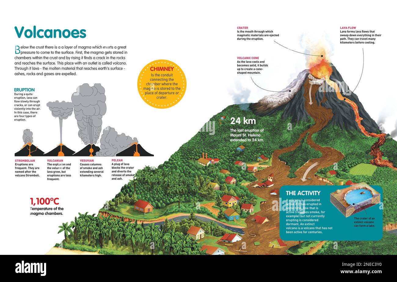 Infographic that describes the process of volcanic activity, the parts