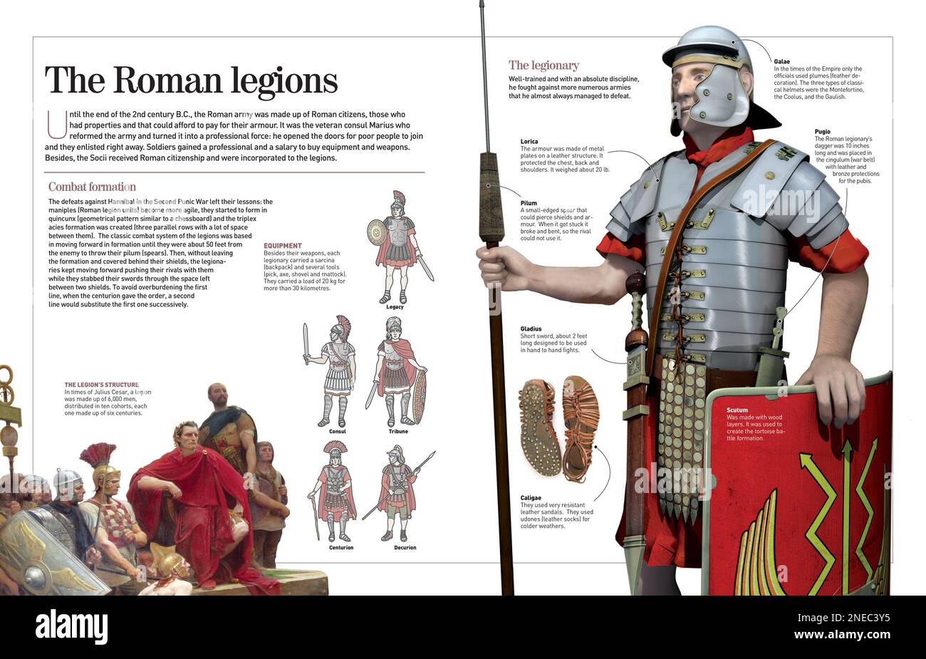Infographic about the improvements in the Roman army, the legionaries, once the consul Caius Marius decided to restructure it and turn it into a professional institution. (753 BC – 476). [Adobe InDesign (.indd); 4960x3188]. Stock Photo