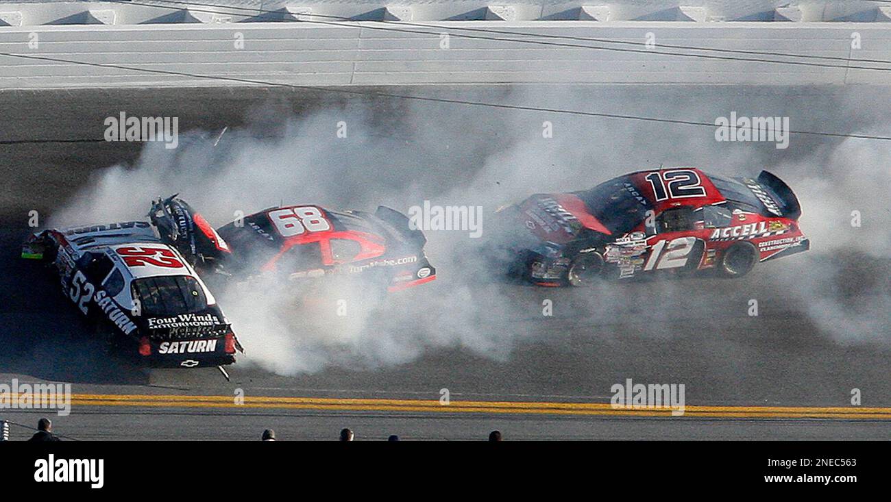 ARCA drivers Bill Baird (52), Steve Blackburn (68) and Russ Dugger (12)  crash during the Lucus Oil Slick Mist 200 ARCA series 200 auto race at  Daytona International Speedway Saturday, Feb. 6,, image size:1300x733