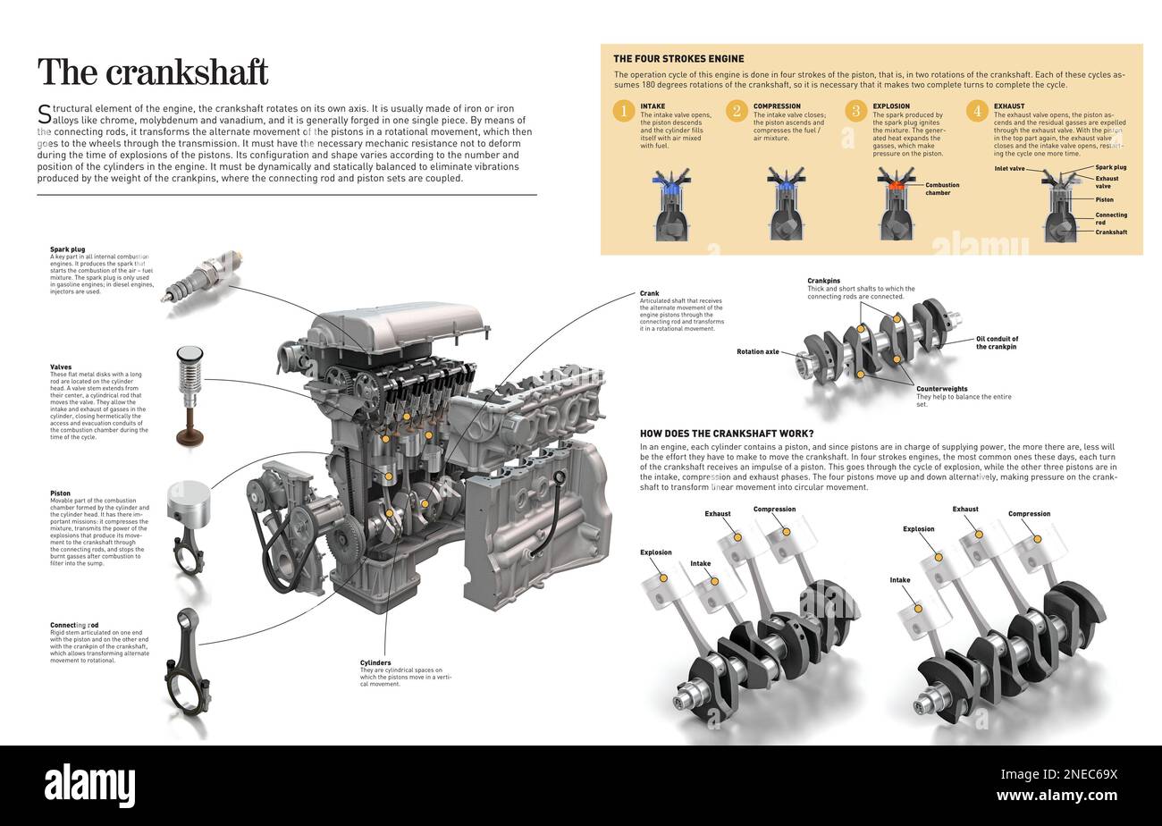Infographic of the crankshaft, an engine part whose function is to transform the alternate movement of the pistons in a rotational movement. [Adobe InDesign (.indd); 6259x4015]. Stock Photo