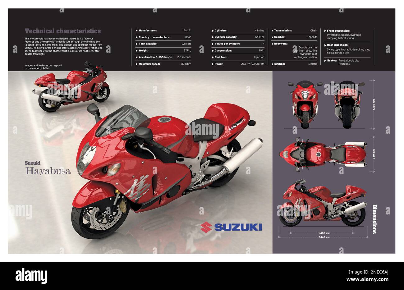 Computer graphics about the technical specifications of the motorcycle 2001 Suzuki Hayabusa. [Encapsulated Postscript File (.eps); 5551x3602]. Stock Photo