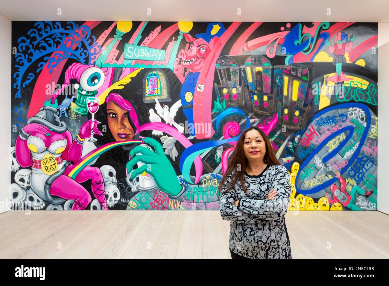 London, UK. 16 February 2023. Street artist Lady Pink with her 