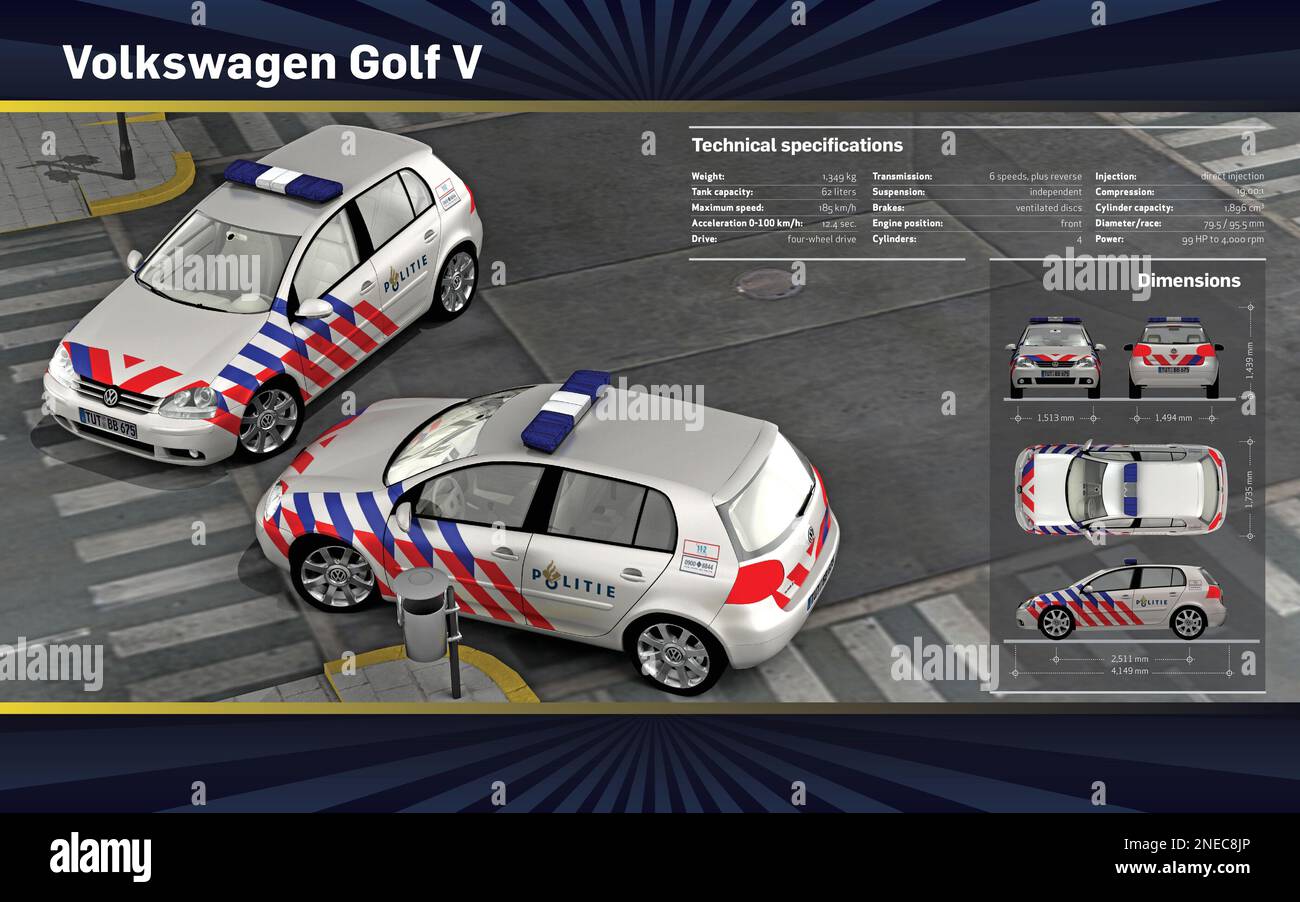 Infographic of the technical characteristics and dimensions of the Volkswagen Golf V, police car of the Dutch city of Amsterdam. [Adobe InDesign (.indd); 4960x3248]. Stock Photo