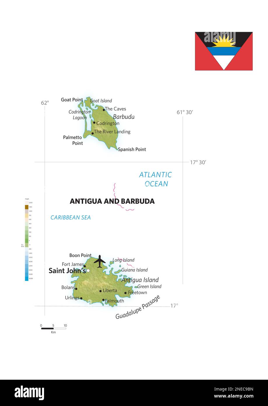 Physical and political map of Antigua and Barbuda. [Encapsulated