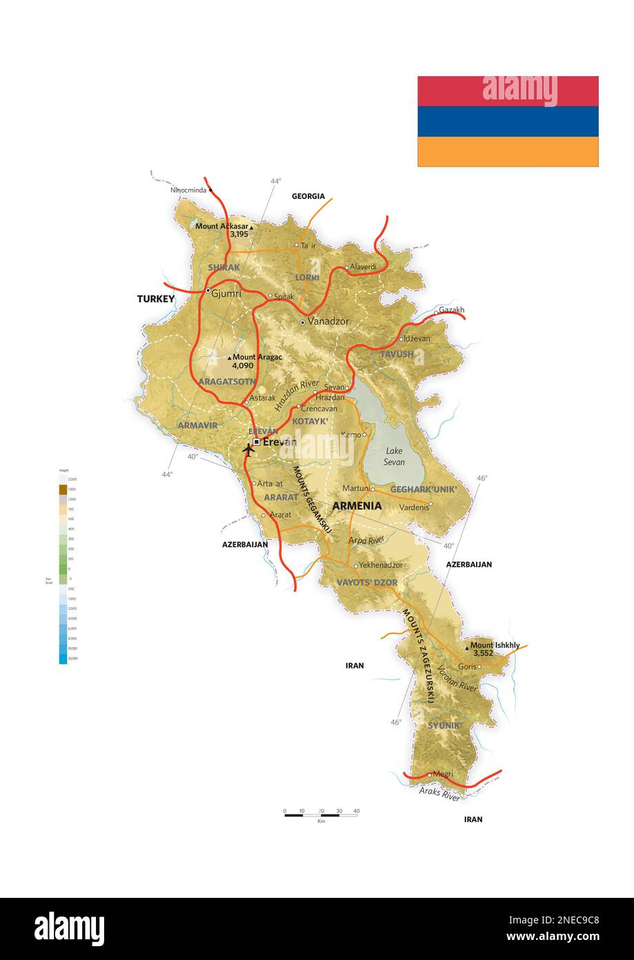 Physical and political map of Armenia. [Adobe Illustrator (.ai); 2480x3507]. Stock Photo