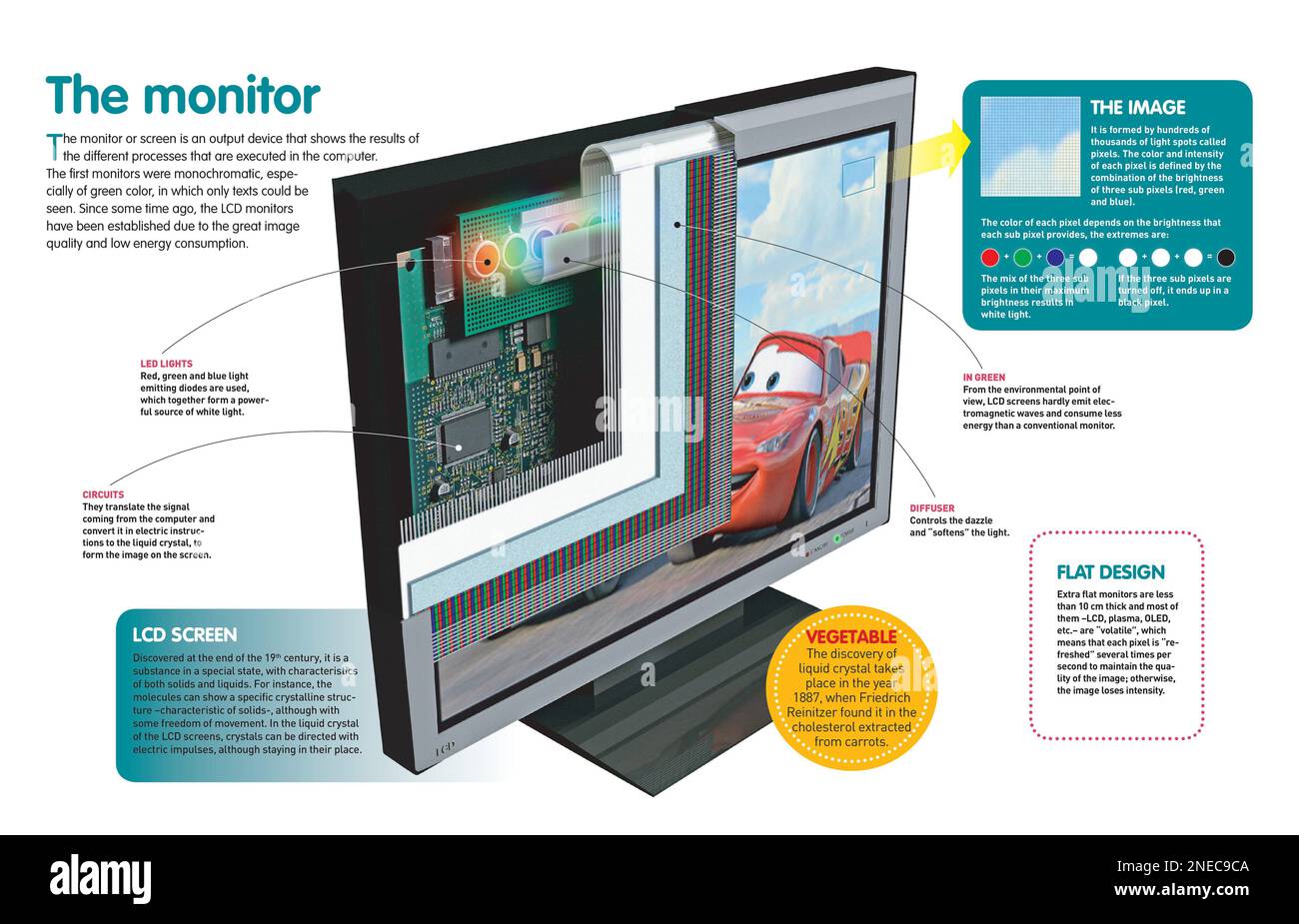 Infographic of the components and functioning of the monitor or screen of  the computer and its evolution until the current ones, the LCD monitors.  [Adobe InDesign (.indd); 4960x3188] Stock Photo - Alamy