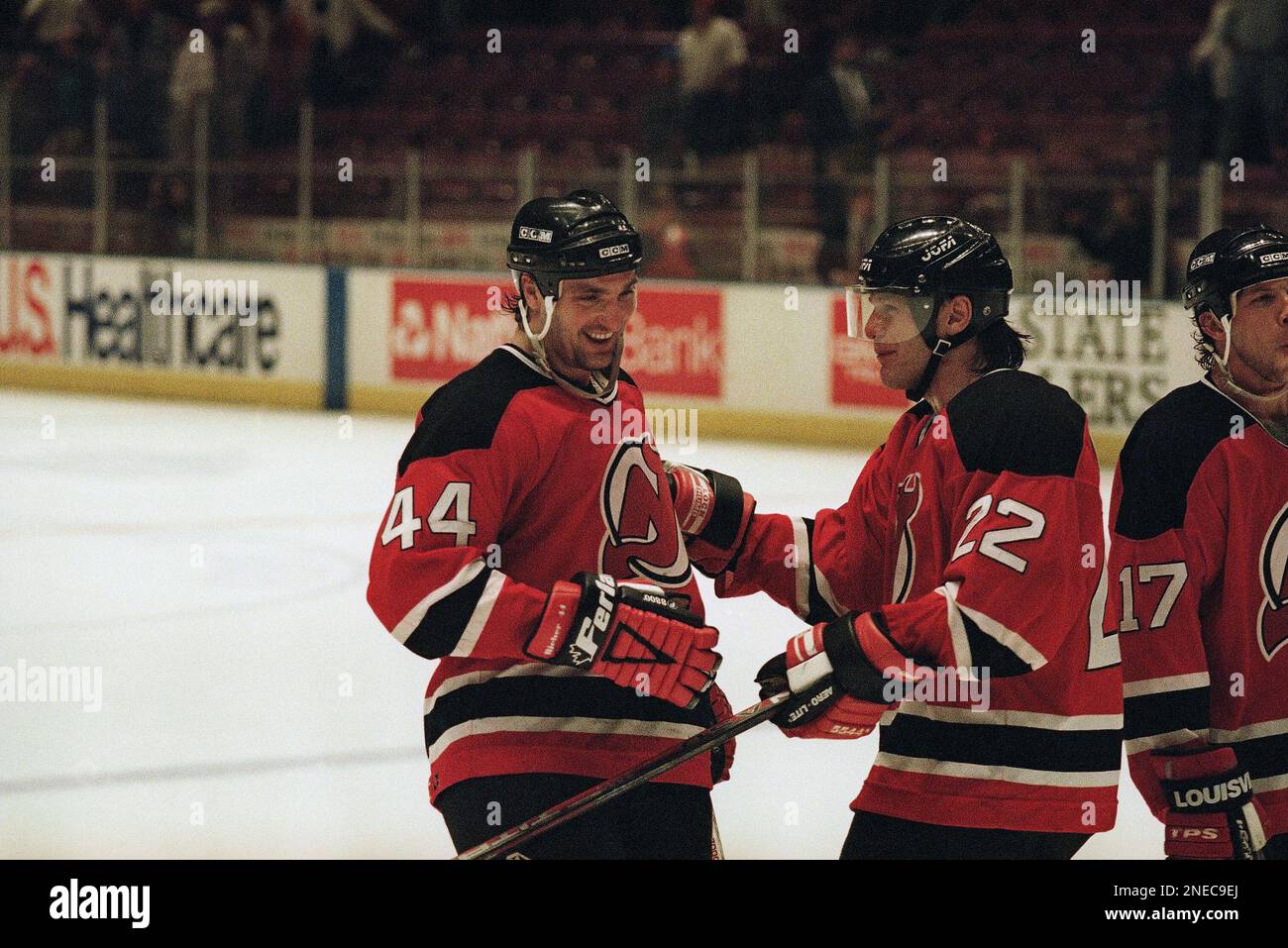 New Jersey Devils? Stephane Richer, left, receives congratulations from  teammate Claude Lemieux as they leave the ice after beating the New York  Rangers 4-3 in double overtime on Sunday, May 15, 1994