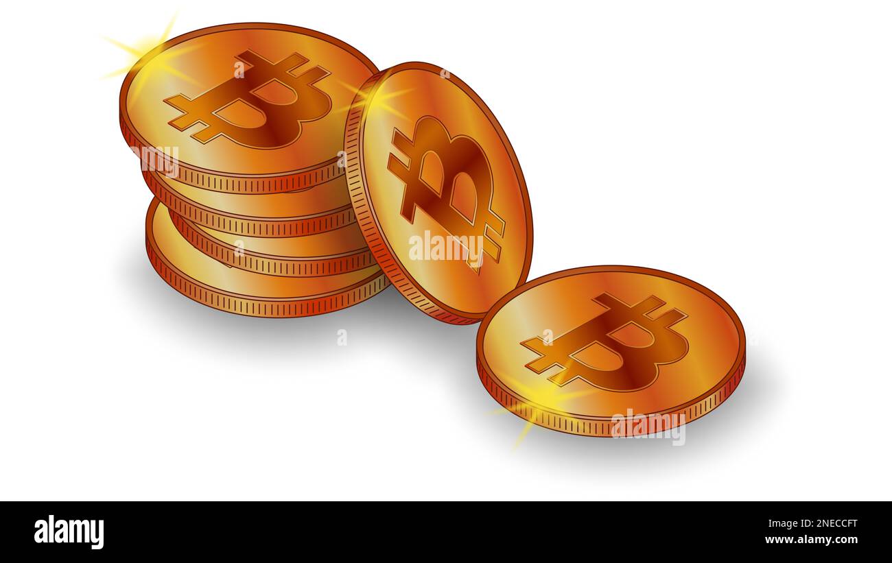 Set of gold coins in stack Bitcoin BTC with shadow in isometric view ...