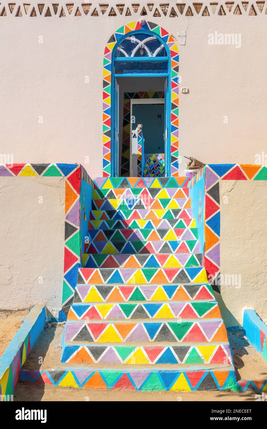 Aswan, Egypt; February 15, 2023 Colourful Nubian houses in Aswan
