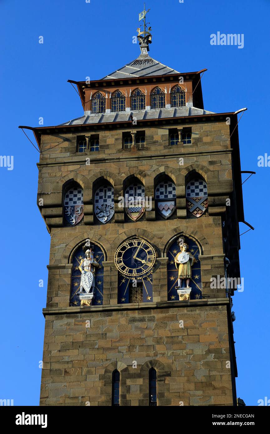 Close up of Clock Tower, Cardiff Castle, Cardiff, South Wales. Stock Photo