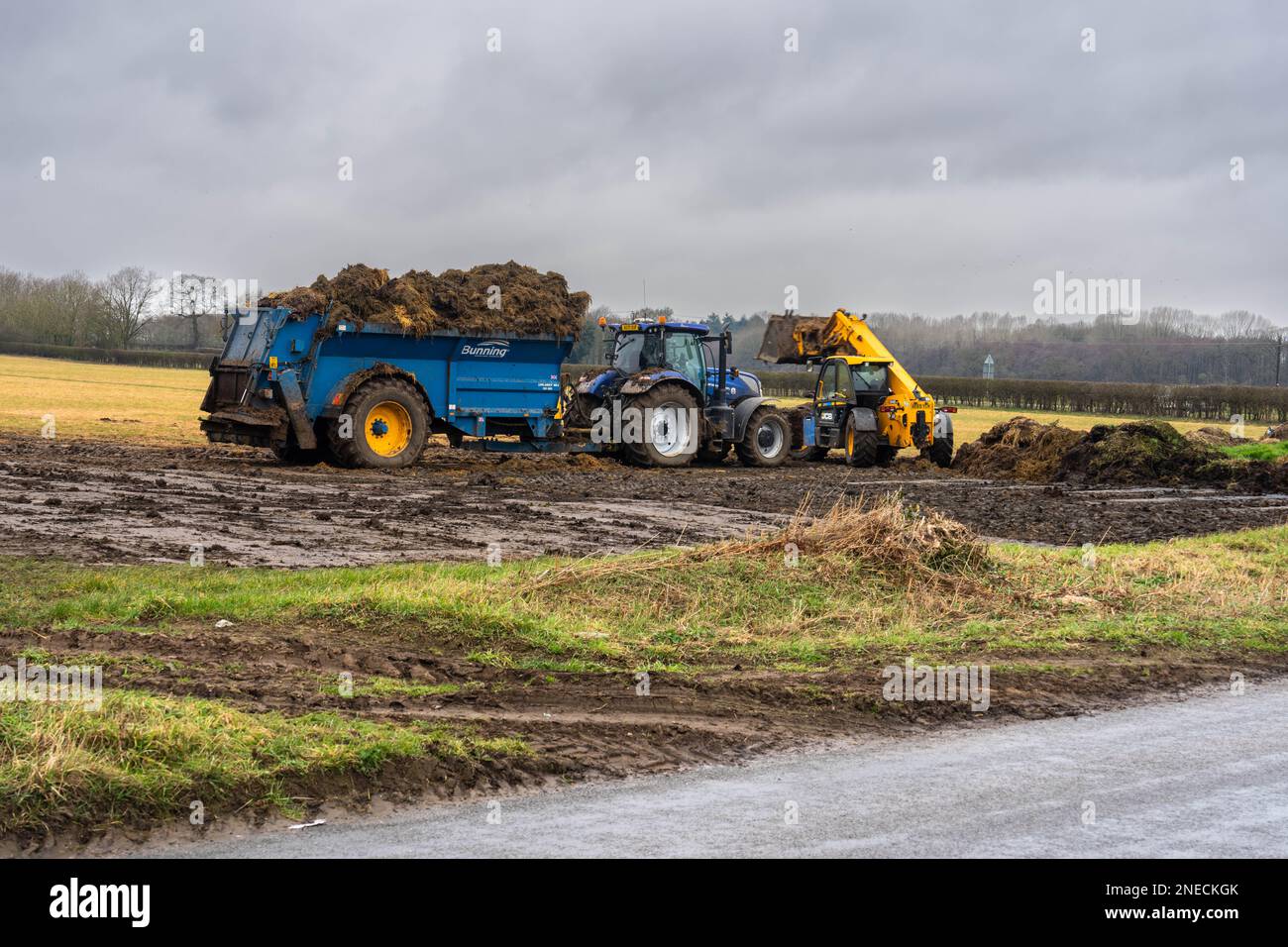 Farmer spreading pig and cow manure on fields using farm machinery on a