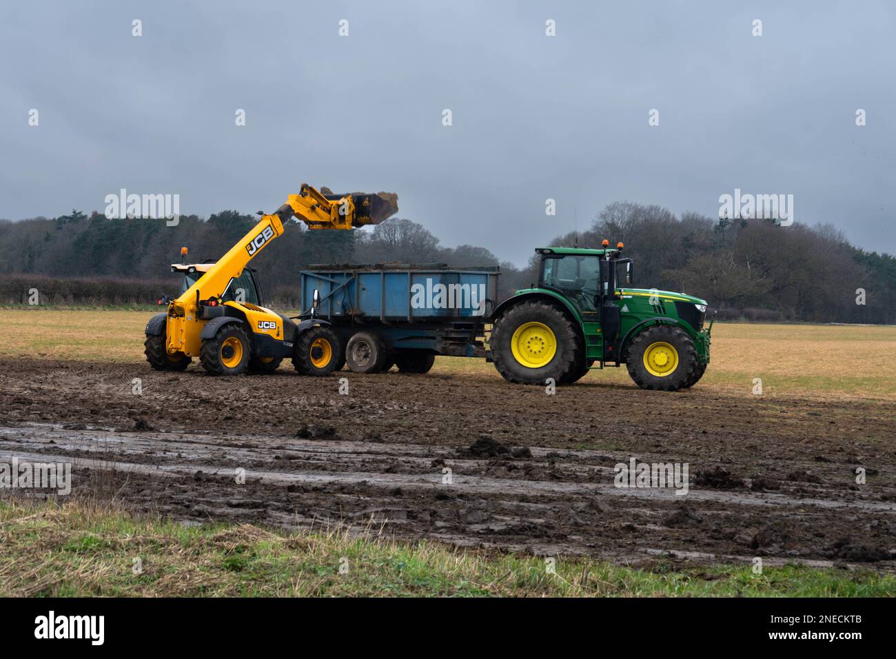 Farmer spreading pig and cow manure on fields using farm machinery on a
