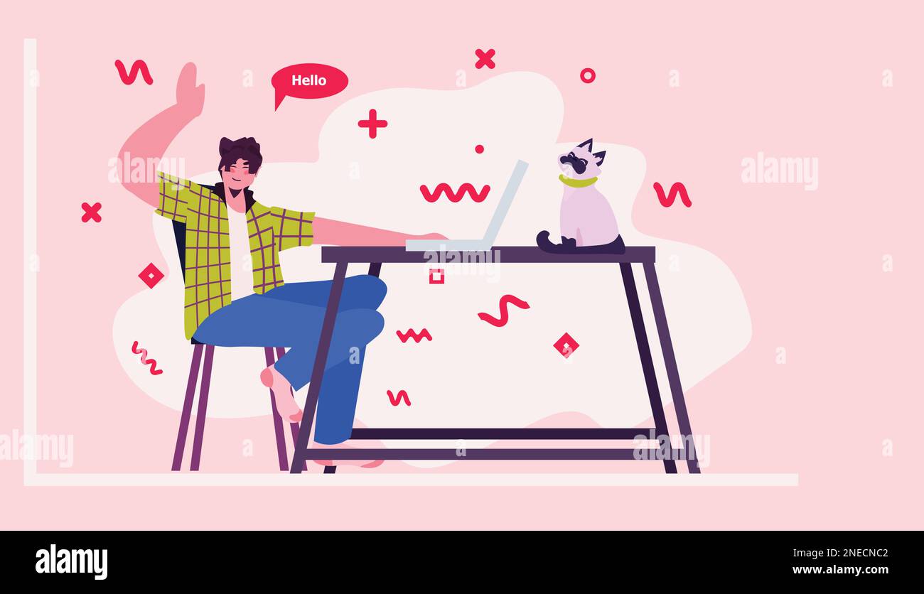 young guy using laptop at workplace generation Z lifestyle concept new ...