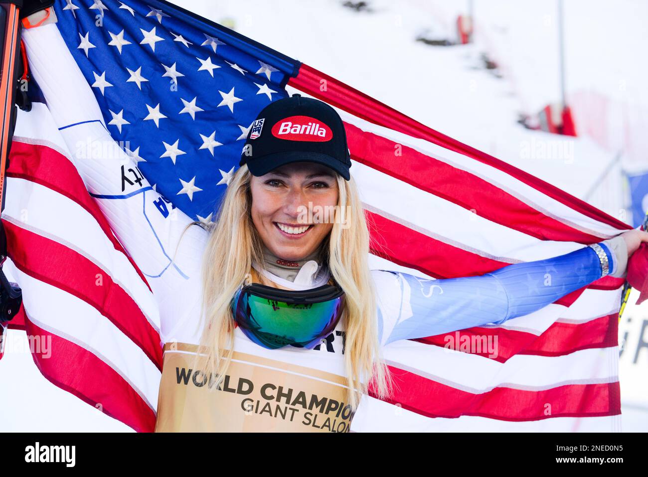 France. 16th Feb, 2023. Mikaela Shiffrin of the United States after winning the Women's Giant Slalom ski race in Meribel France. (Credit Image: © Christopher Levy/ZUMA Press Wire) EDITORIAL USAGE ONLY! Not for Commercial USAGE! Stock Photo