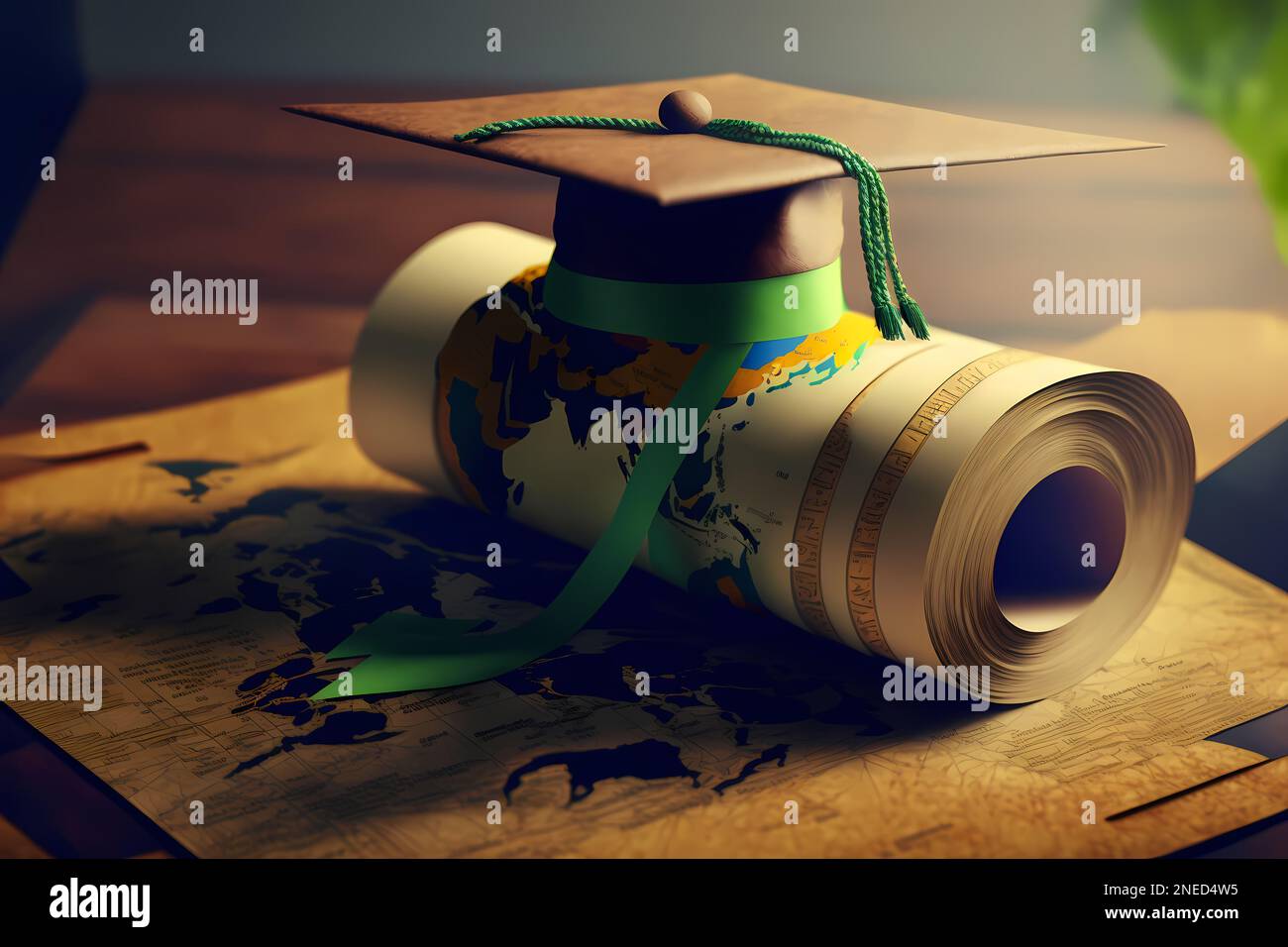 Diploma rolled up and tied with ribbon and academic cap or graduate cap