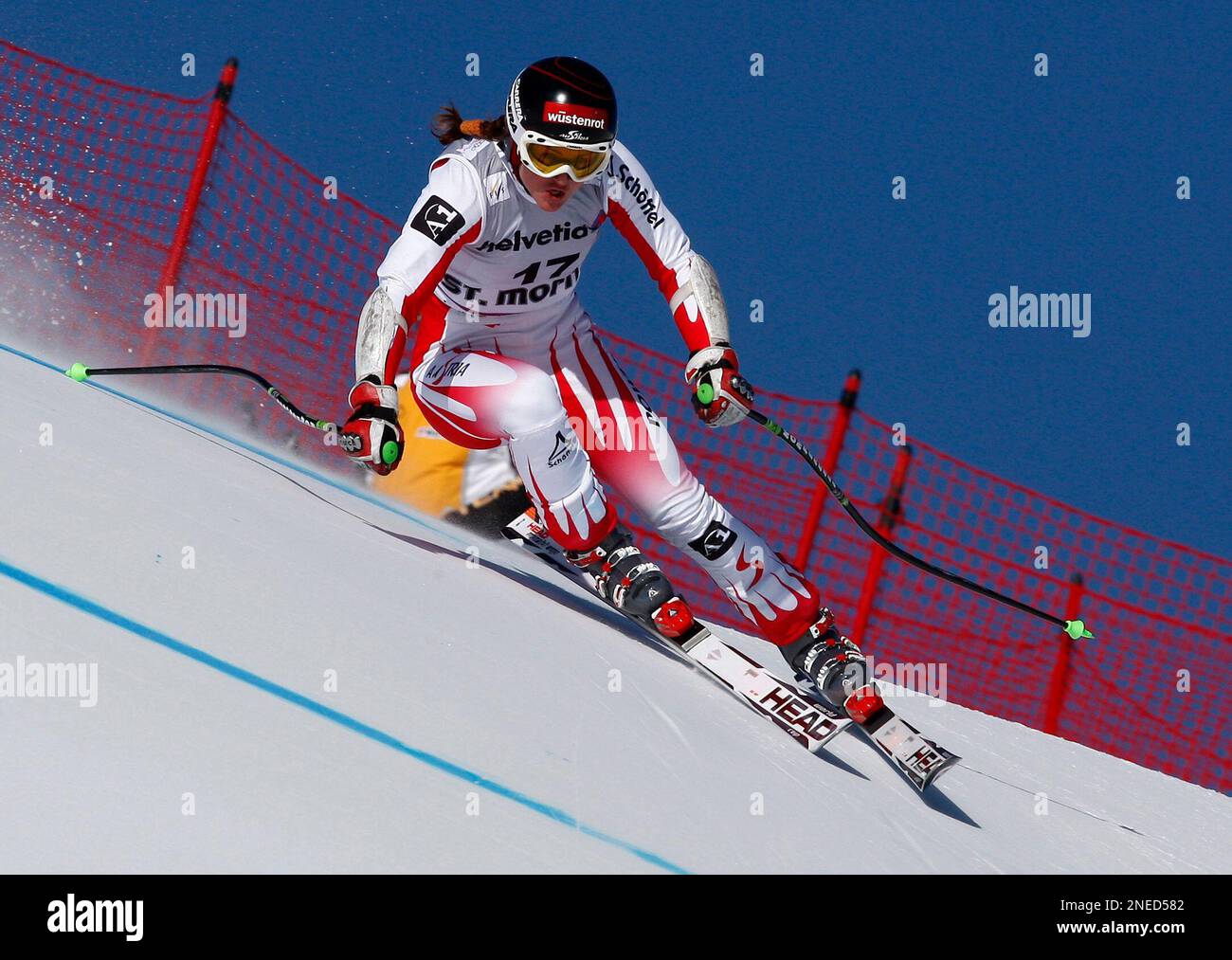 Austrias Elisabeth Goergl speeds down the course on the way to finishing eighth during an Alpine Ski, Womens World Cup Super G race, in St. Moritz, Switzerland, Sunday, Jan
