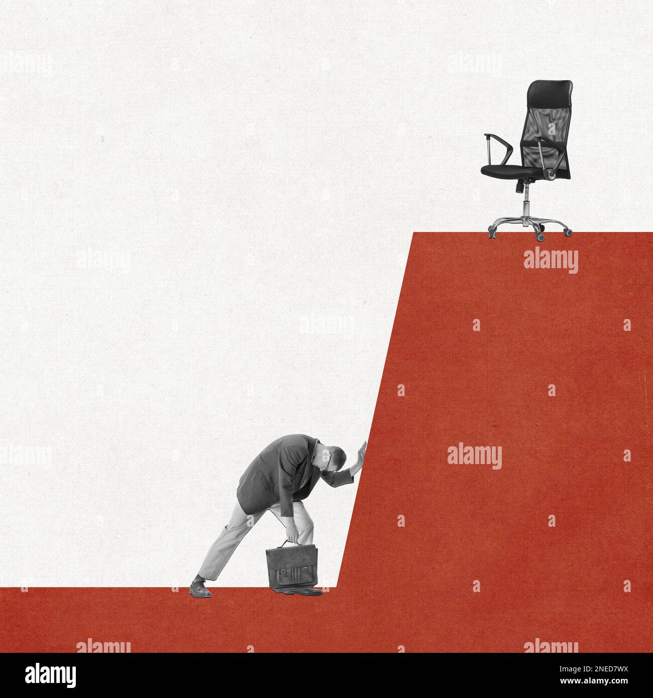 Contemporary art collage. Young man, employee feeling tired reaching