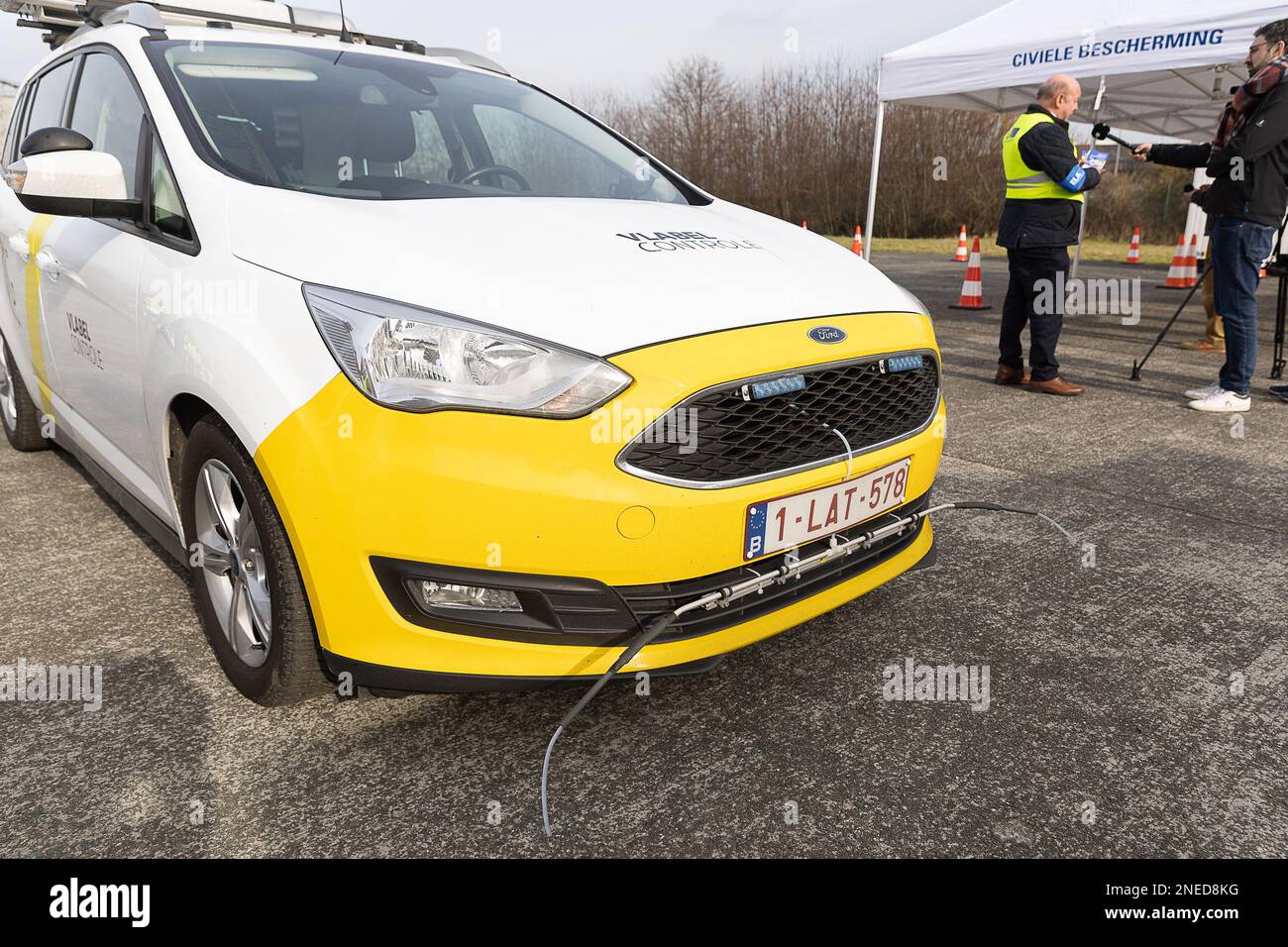 Illustration picture shows a sniff car who measures the particulate matter content of trucks pictured during a major control action 'Albatross' by the police, customs and inspection services on the E40 highway in Wetteren, Thursday 16 February 2023. Federal and local police services, customs, various inspection services and a delegation of inspectors from the Netherlands and Denmark will today check trucks and buses at the motorway parking areas along the E40 in Wetteren. Coordinated by the East Flanders Road Police, under the watchful eye of the public prosecutor's office and labor auditor of Stock Photo