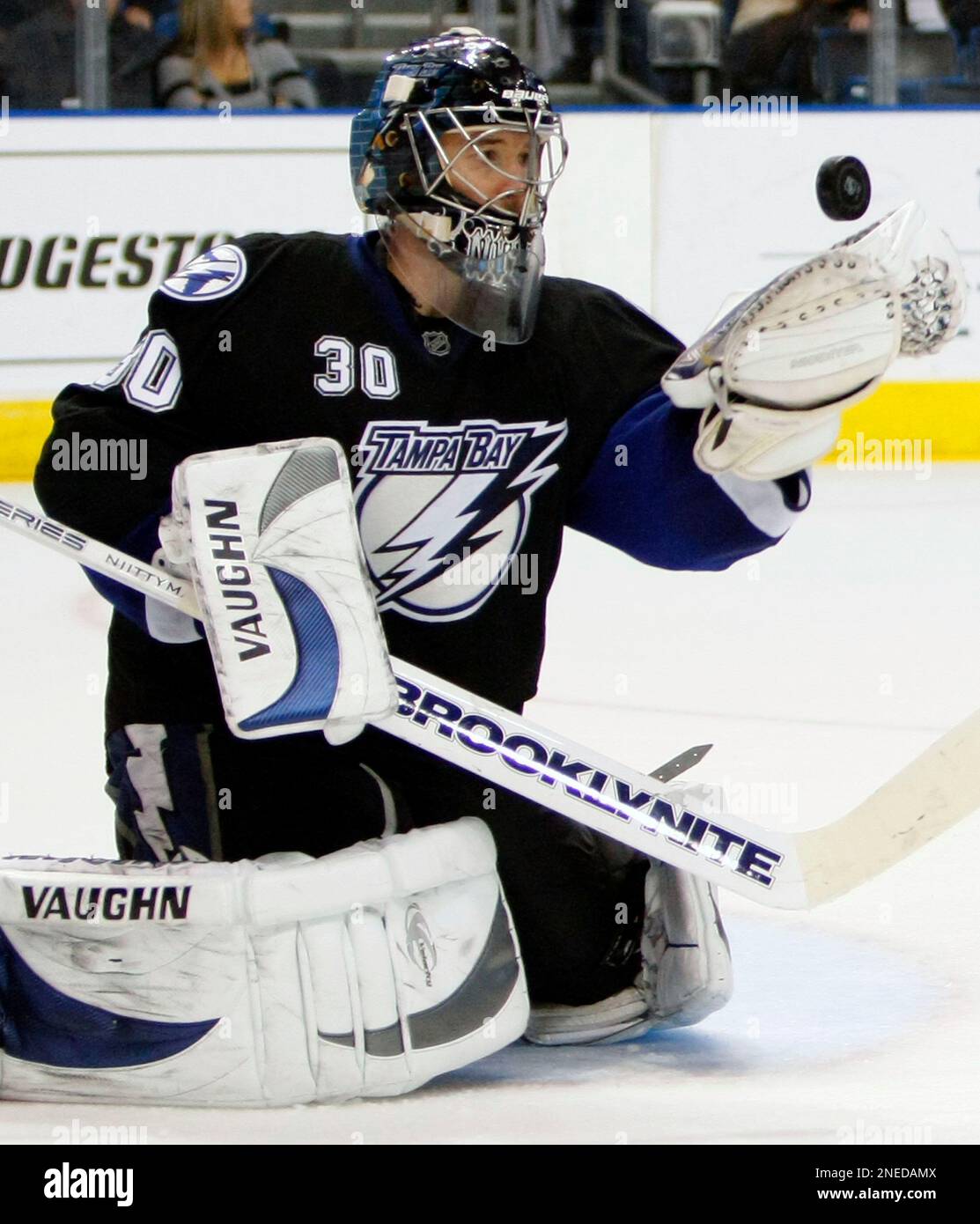 Tampa Bay Lightning goaltender Antero Nittymaki (30), of Finland, makes