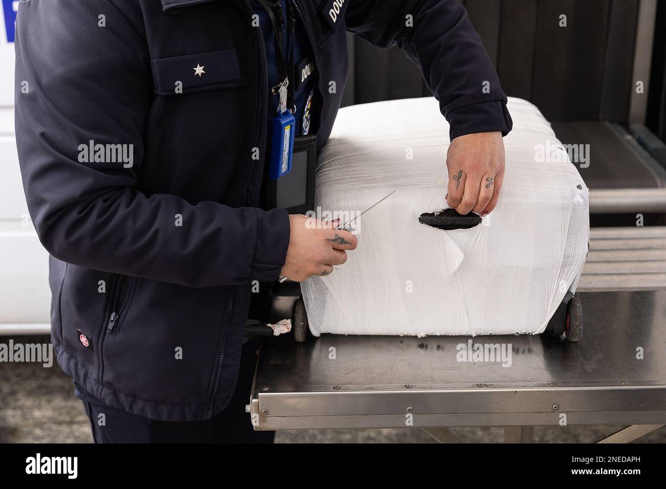 Illustration picture shows a major control action 'Albatross' by the police, customs and inspection services on the E40 highway in Wetteren, Thursday 16 February 2023. Federal and local police services, customs, various inspection services and a delegation of inspectors from the Netherlands and Denmark will today check trucks and buses at the motorway parking areas along the E40 in Wetteren. Coordinated by the East Flanders Road Police, under the watchful eye of the public prosecutor's office and labor auditor of East Flanders, they will check on various aspects of heavy transport: the tachogr Stock Photo