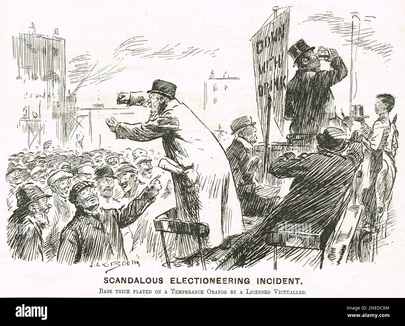 Scandalous electioneering incident. 1908 Punch cartoon by John Lionel Calvert Booth showing a temperance speaker addressing a crowd whilst behind his banner - saying down with drink - a publican is downing a drink.  Described as a base trick on a temperance orator by a licensed victualler. Stock Photo