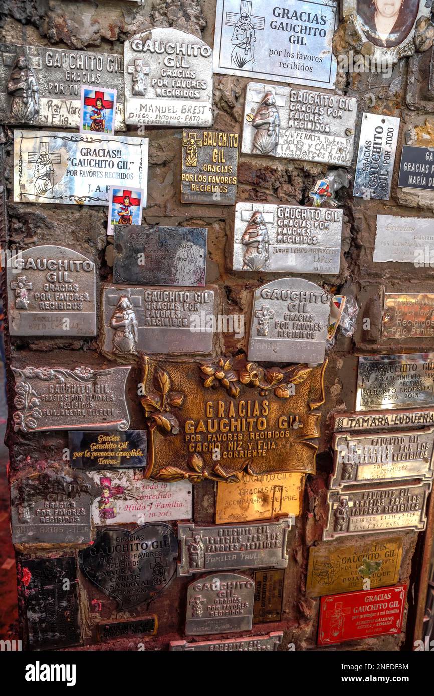 Name plaques in the Shrine of the popular saint Antonio Mamerto Gil Nunez, better known as Gauchito Gil, Santuario del Gauchito Gil, Mercedes Stock Photo