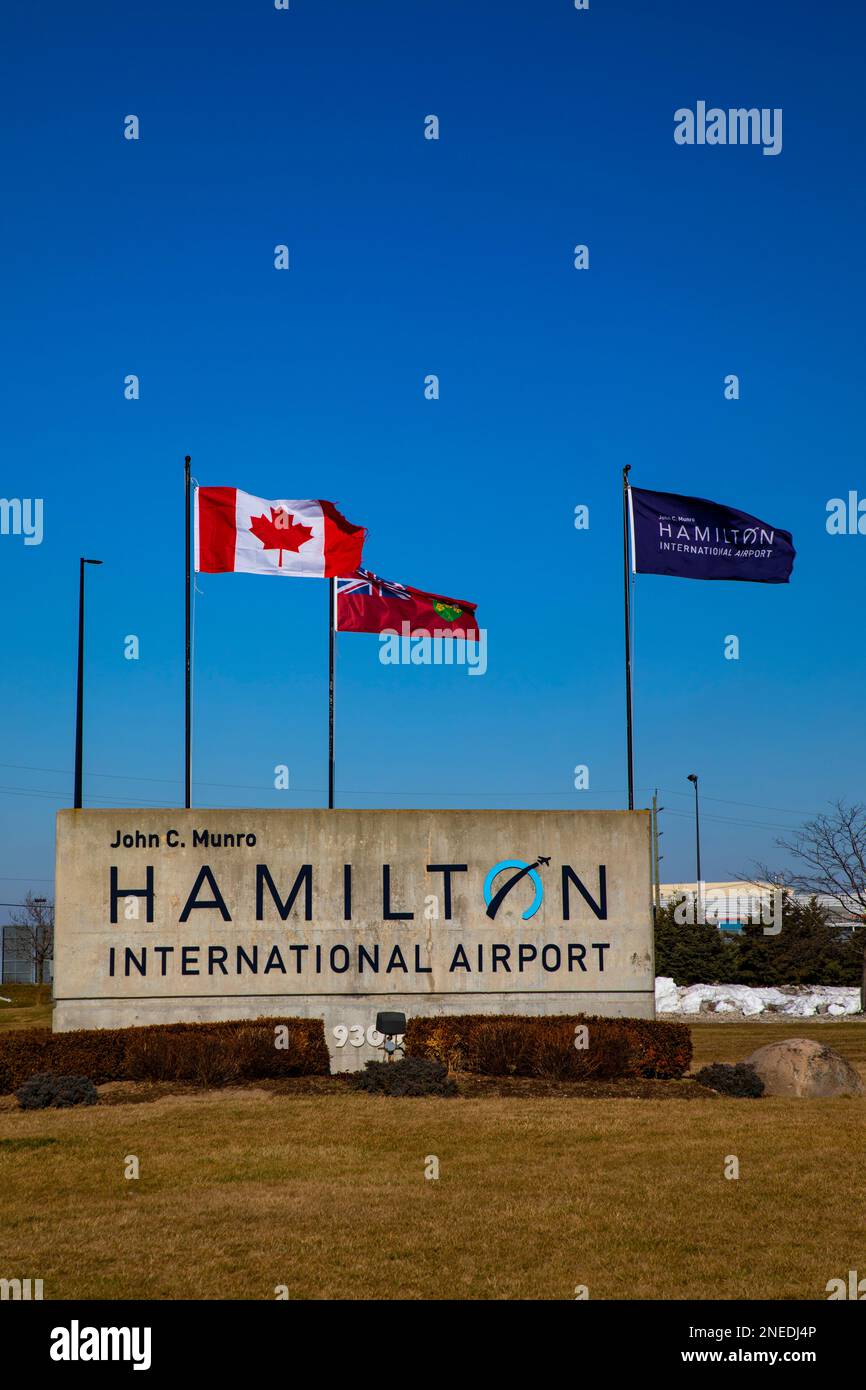 Sign at the entrance to John C. Munro Hamilton International Airport. Stock Photo
