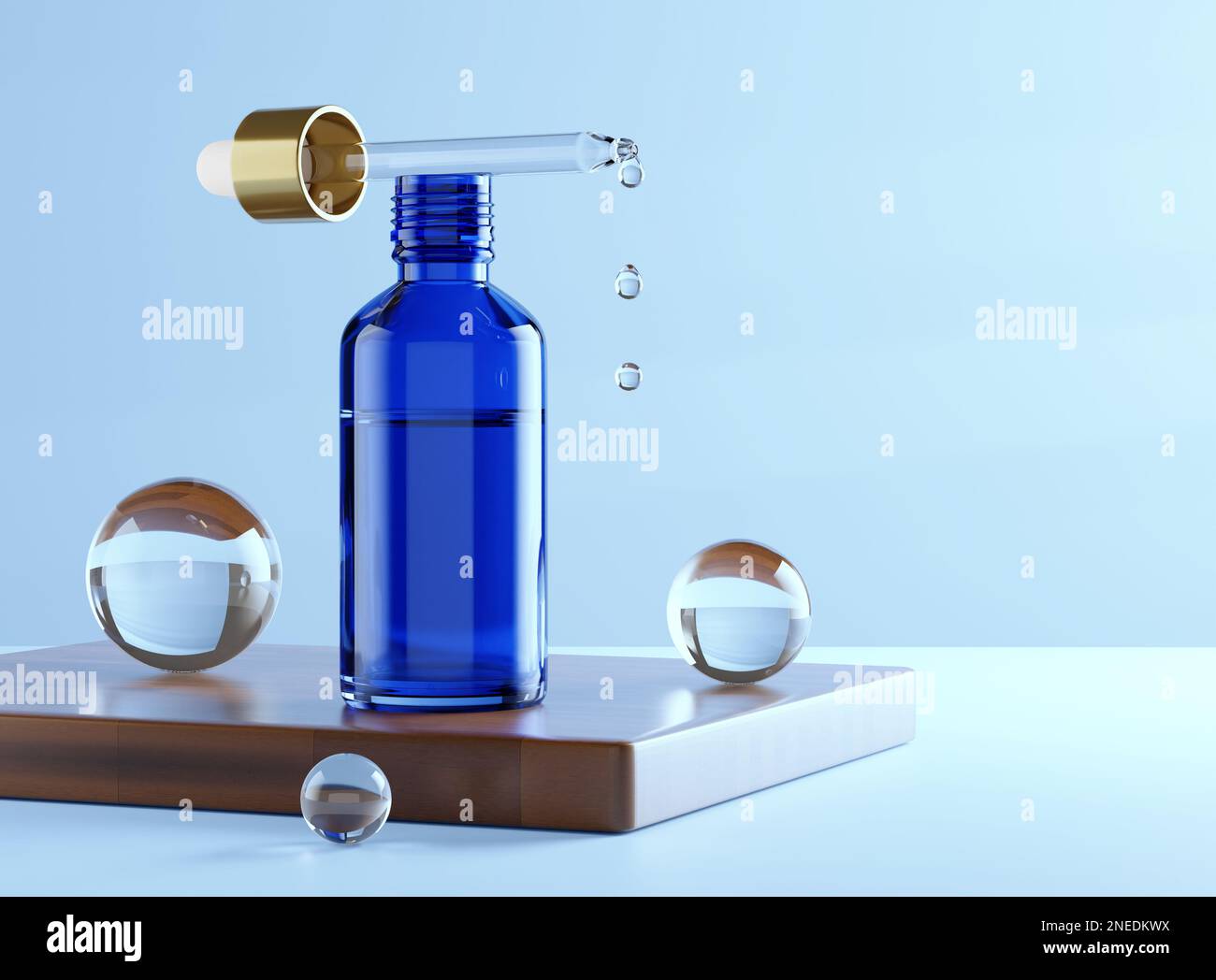 Blue Dropper Glass Bottle Mock-Up. Сosmetic Serum Pipette with Gold ...