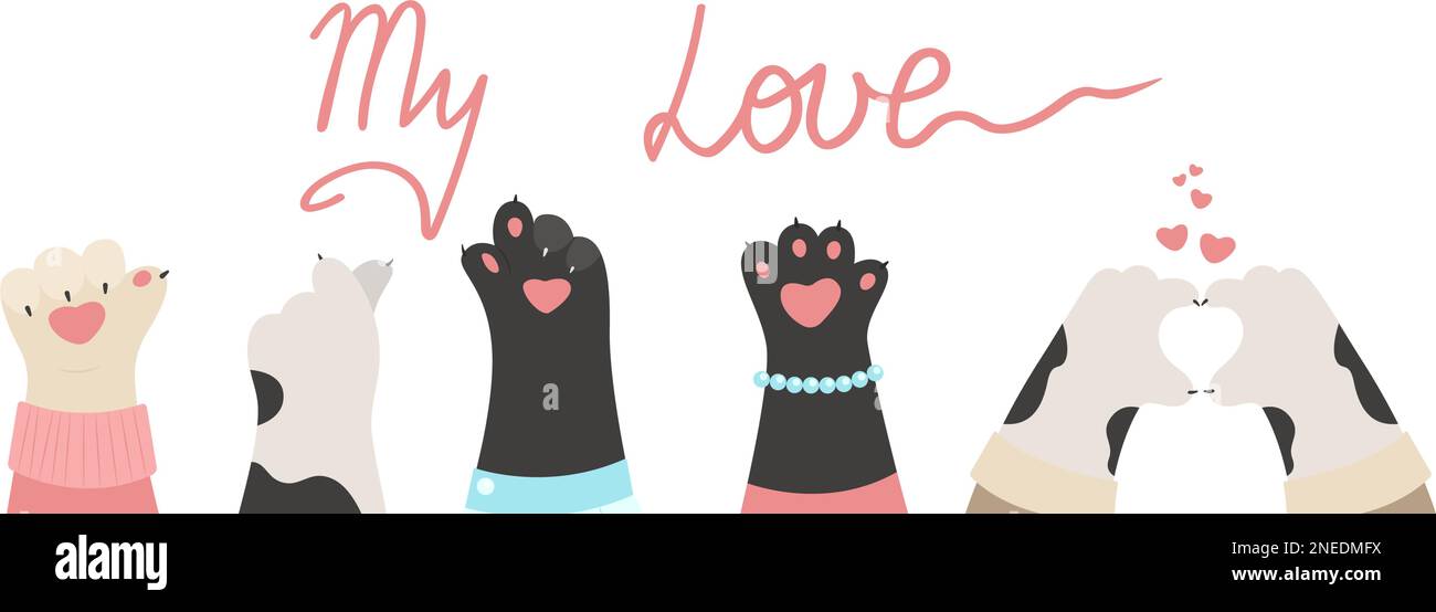 Horizontal banner with cat paws, heart finger gestures, vector flat illustration. Funny paws of animals Stock Vector