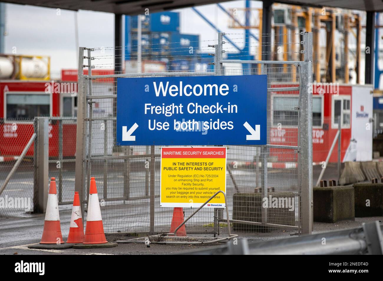 Freight check-in sign at the Stena Line terminal at the Port of Belfast. Any deal on the Northern Ireland Protocol that does not repair the 'constitutional damage' it has caused will fail to convince the DUP to return to powersharing, a senior party figure has warned. MP Sammy Wilson said the fundamental issue that needed confronting was the 'democratic deficit' created by Northern Ireland being subject to EU rules over which local politicians had no influence on. Stock Photo
