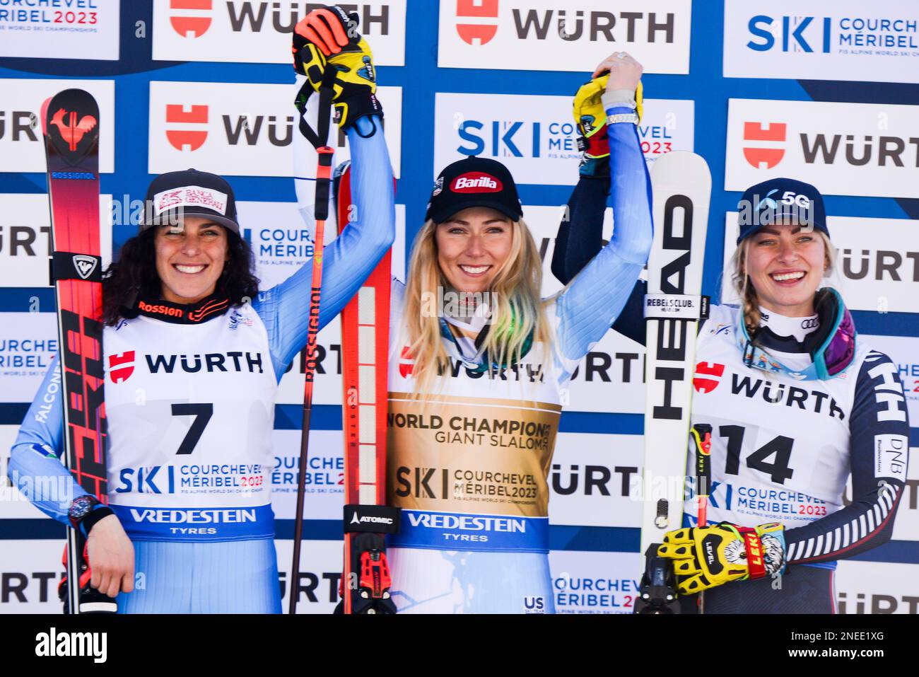 France. 16th Feb, 2023. The podium after the Women's Giant Slalom ski race in Mirabel France.Left- Federica Brignone of Italy (second place).Center- Mikaela Shiffrin of the United States (winner).Right- Ragnhild Mowinckel of Norway (Credit Image: © Christopher Levy/ZUMA Press Wire) EDITORIAL USAGE ONLY! Not for Commercial USAGE! Stock Photo