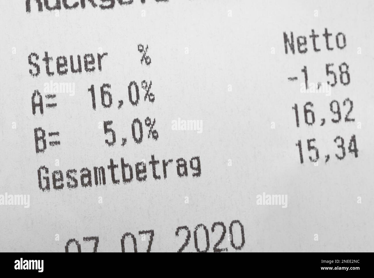 receipt shows reduced value-added tax rate in Germany - VAT is called MwST or Mehrwertsteuer in German - English translation: Steuer means tax and Stock Photo