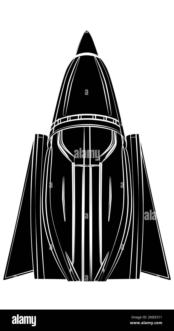 Black silhouette of triangle spaceship isolated on white. Aggressive form similar fighter aircraft. Vector design element. Stock Photo