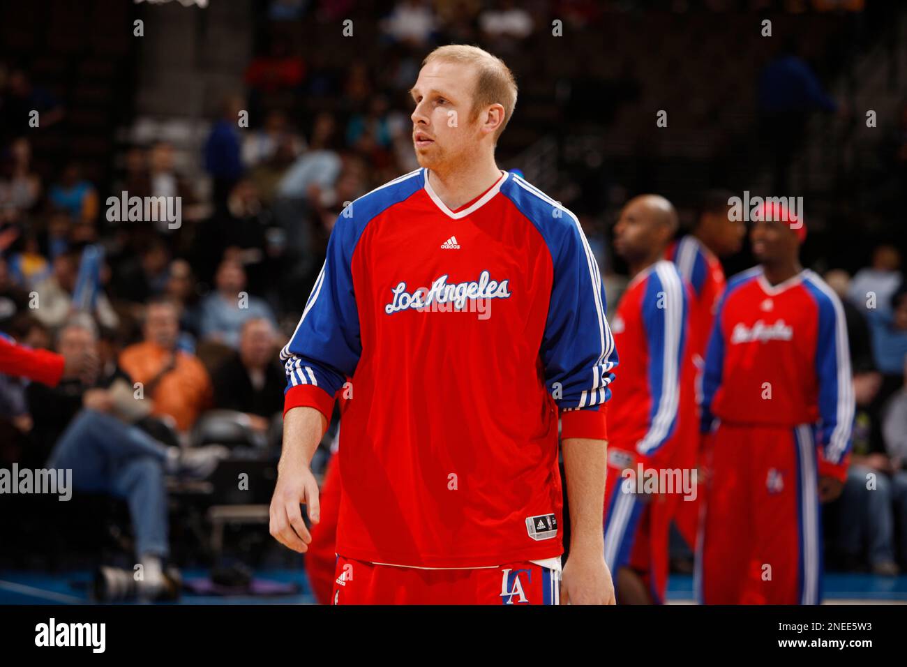 Los Angeles Clippers center Chris Kaman warms up before facing the Denver Nuggets in the first quarter of an NBA basketball game in Denver on Thursday, Jan. 21, 2010. (AP Photo/David Zalubowski) Stock Photo