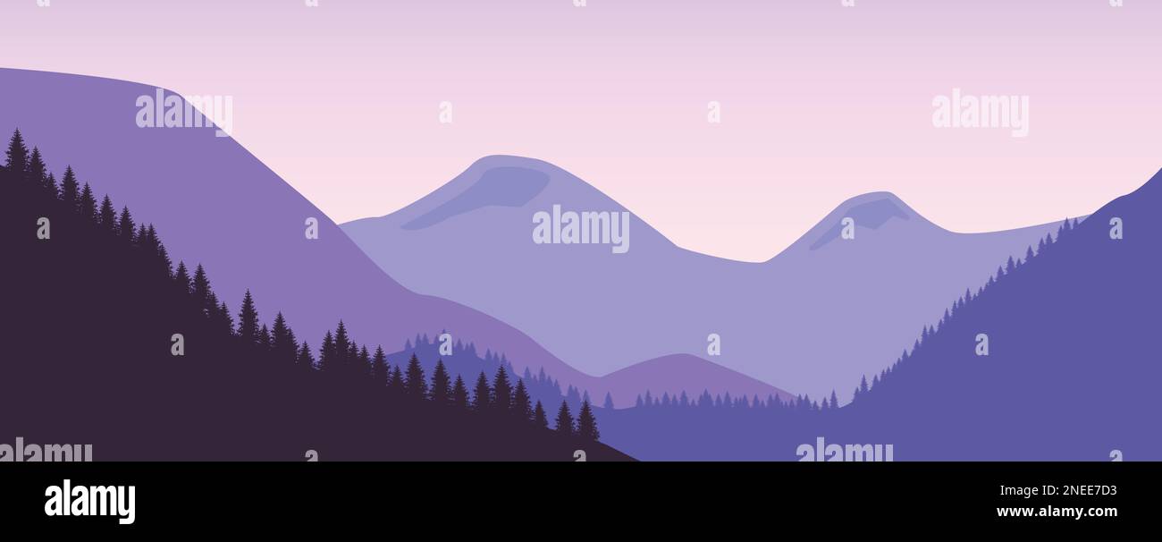 Vector illustration of a beautiful panoramic view. Mountains in fog ...