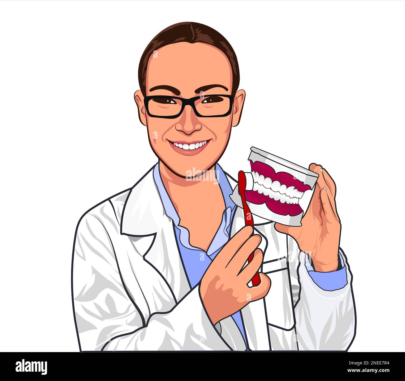 A female dentist, doctor, white background with a fake tooth and tooth