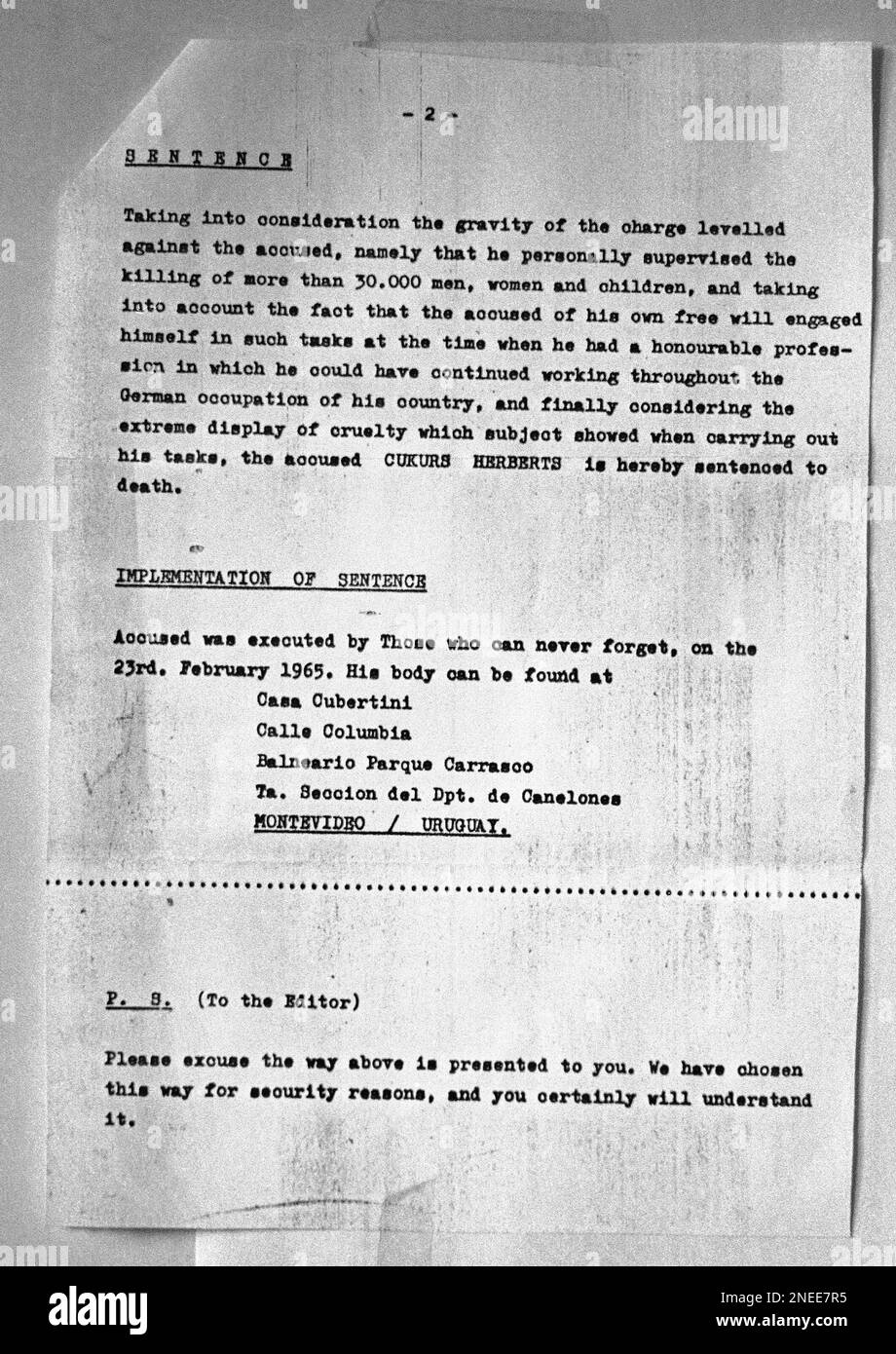 This is the second page of a letter written to the AP bureau in Bonn, Germany, March 7, 1965, by a group calling them "Those who can never forget." It claims to have executed Herbert Cukurs, a Nazi agent in Latvia during World War II, who personally supervised the killing of more than 30,000 people. The tip in the letter led to finding a body in Montevideo who apparently was Cukurs. (AP Photo) Stock Photo