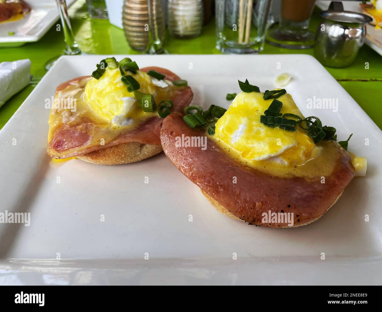Close-up of a plate of eggs benedict Stock Photo
