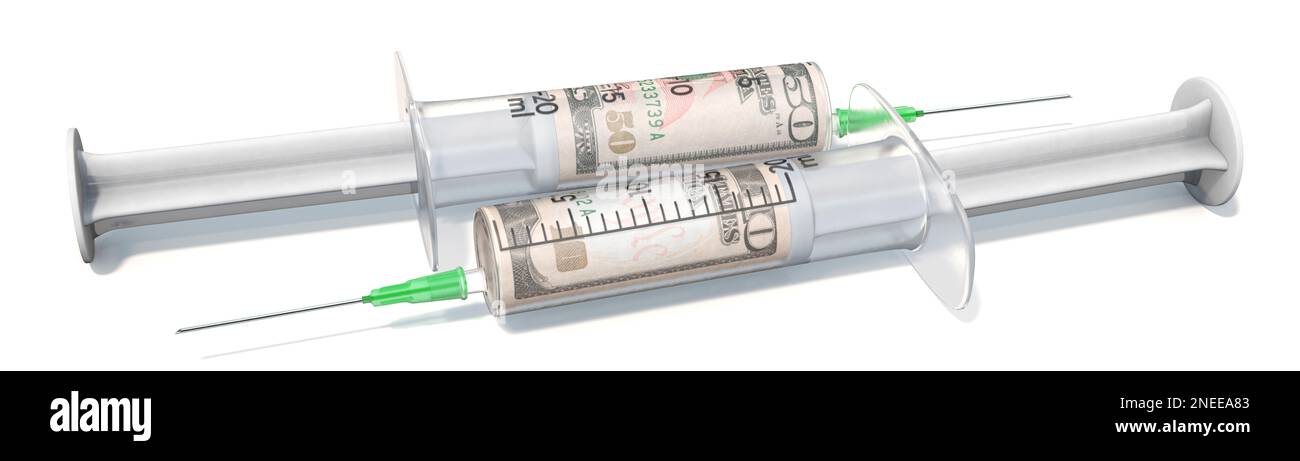 Two medical syringes with US Dollar bills Stock Photo