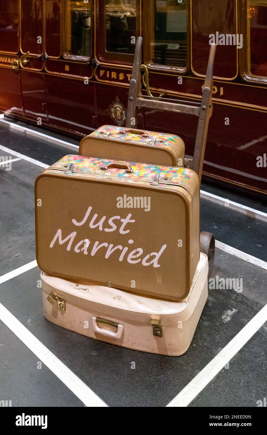 Old suitcases on a platform at the National Railway Museum in York