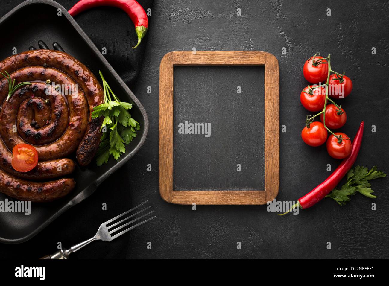 top view delicious grilled sausage table. High resolution photo Stock Photo