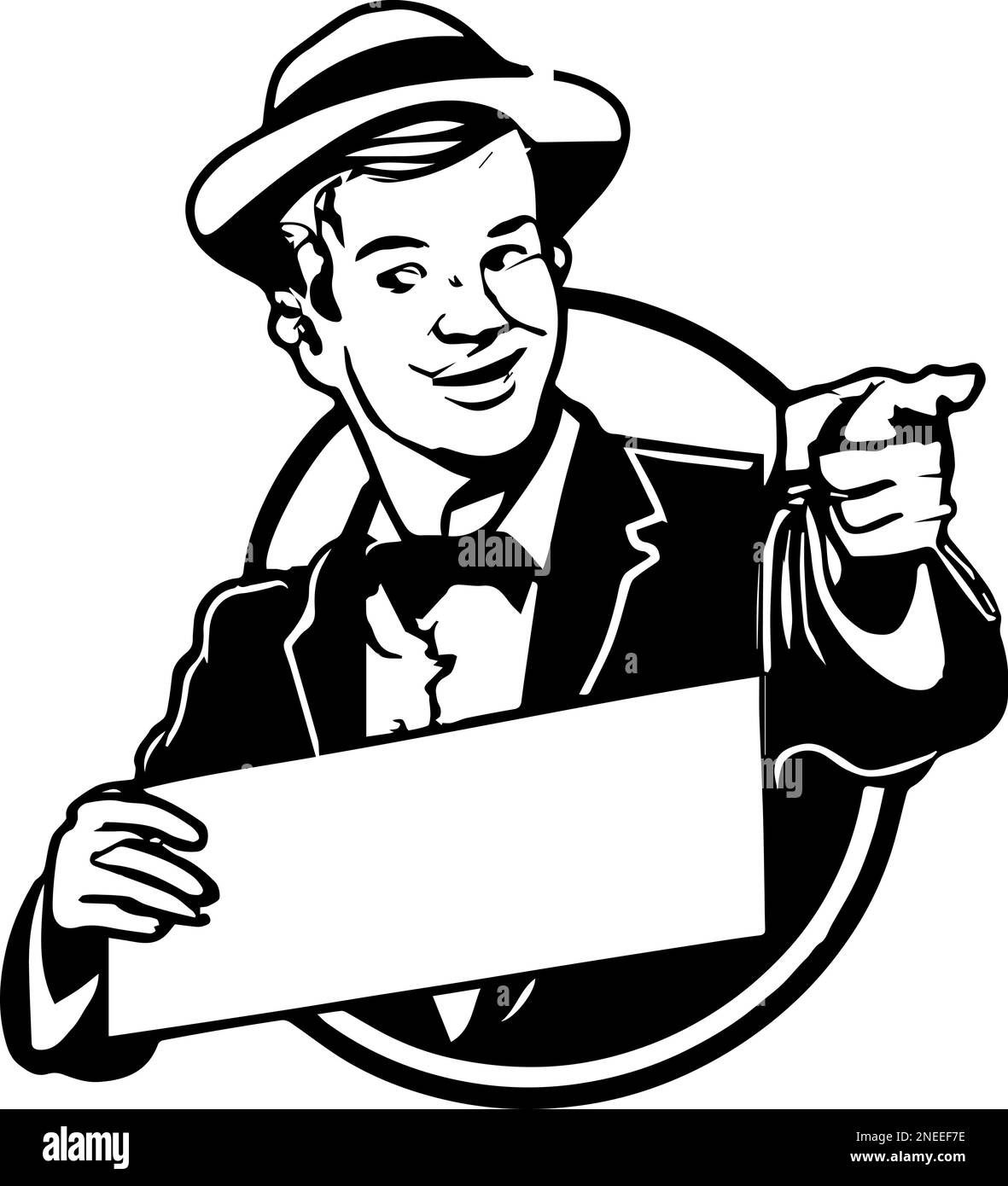 Vintage Advertising Man Pointing Black And White Logo Style. Handmade