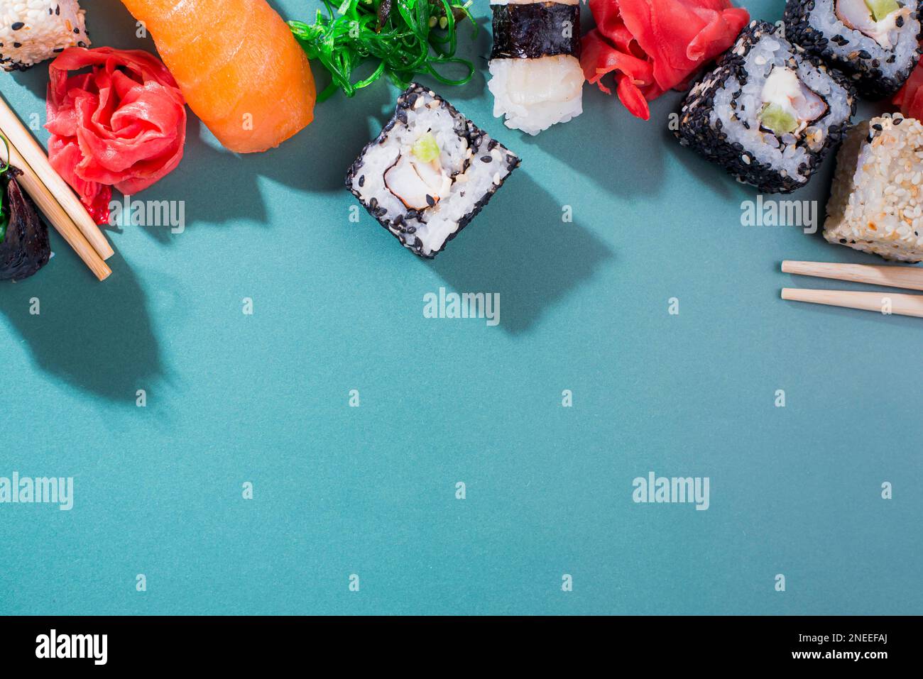 Sushi rolls table with copy space Stock Photo Alamy