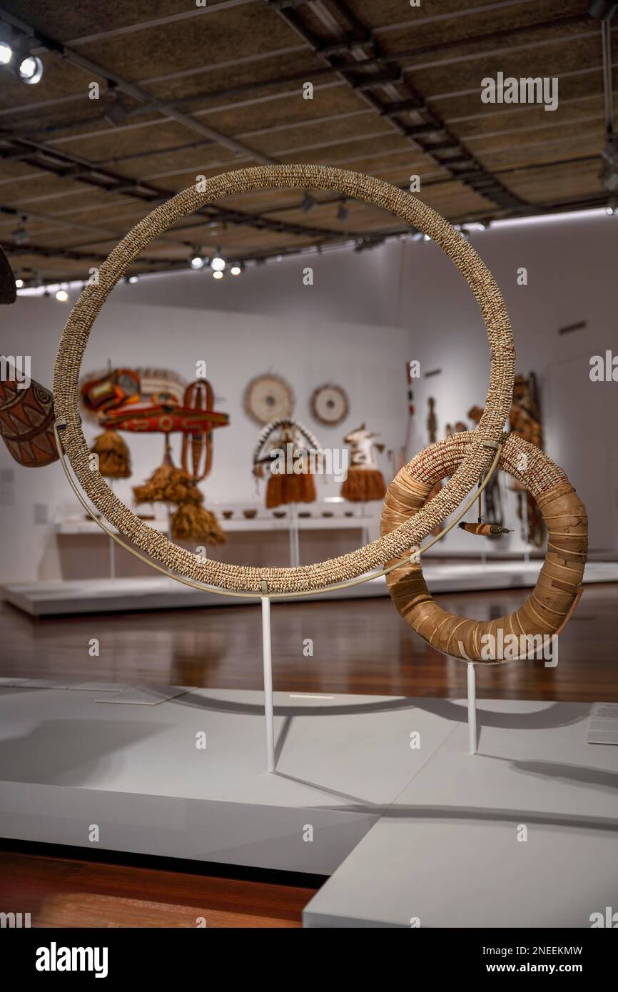 Shell money hoops in the National Museum, made by the Tolai tribe from the houses of the Nassa snail (Nassarius arcularius), Port Moresby, Papua New Stock Photo