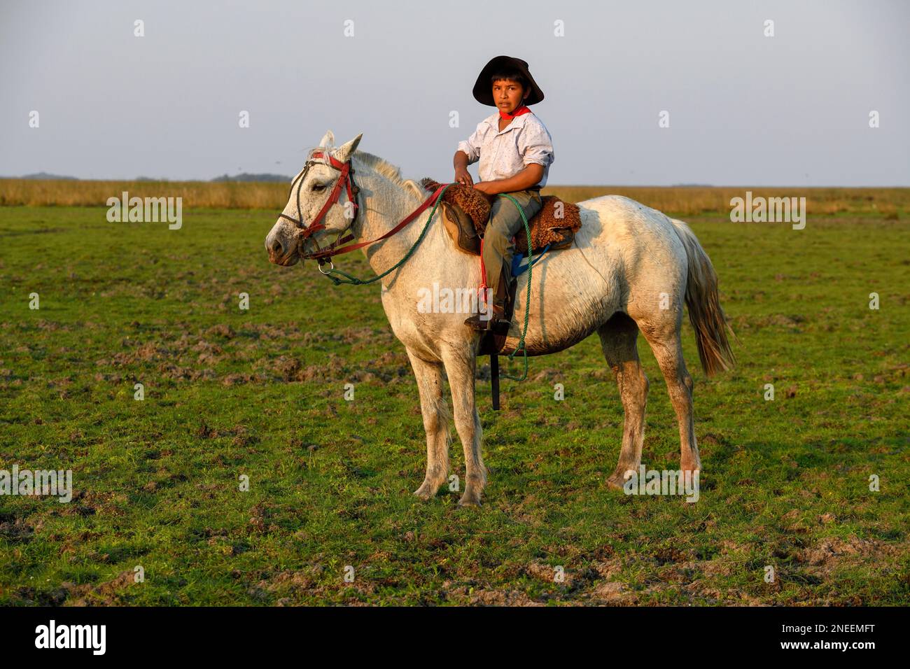 Young Gaucho on his horse at Puesto Mingo, Esteros del Ibera, near Concepcion del Yaguarete Cora, Corrientes Province, Argentina Stock Photo