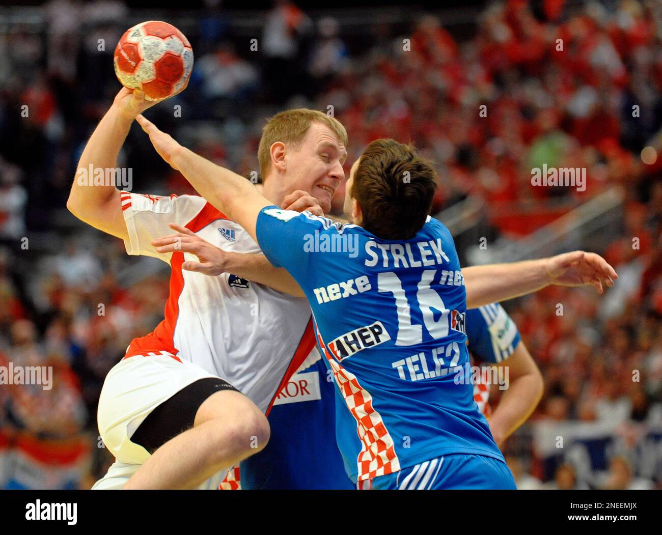 Vasily Filippov of Russia, left, and Manuel Strelek of Croatia fight ...