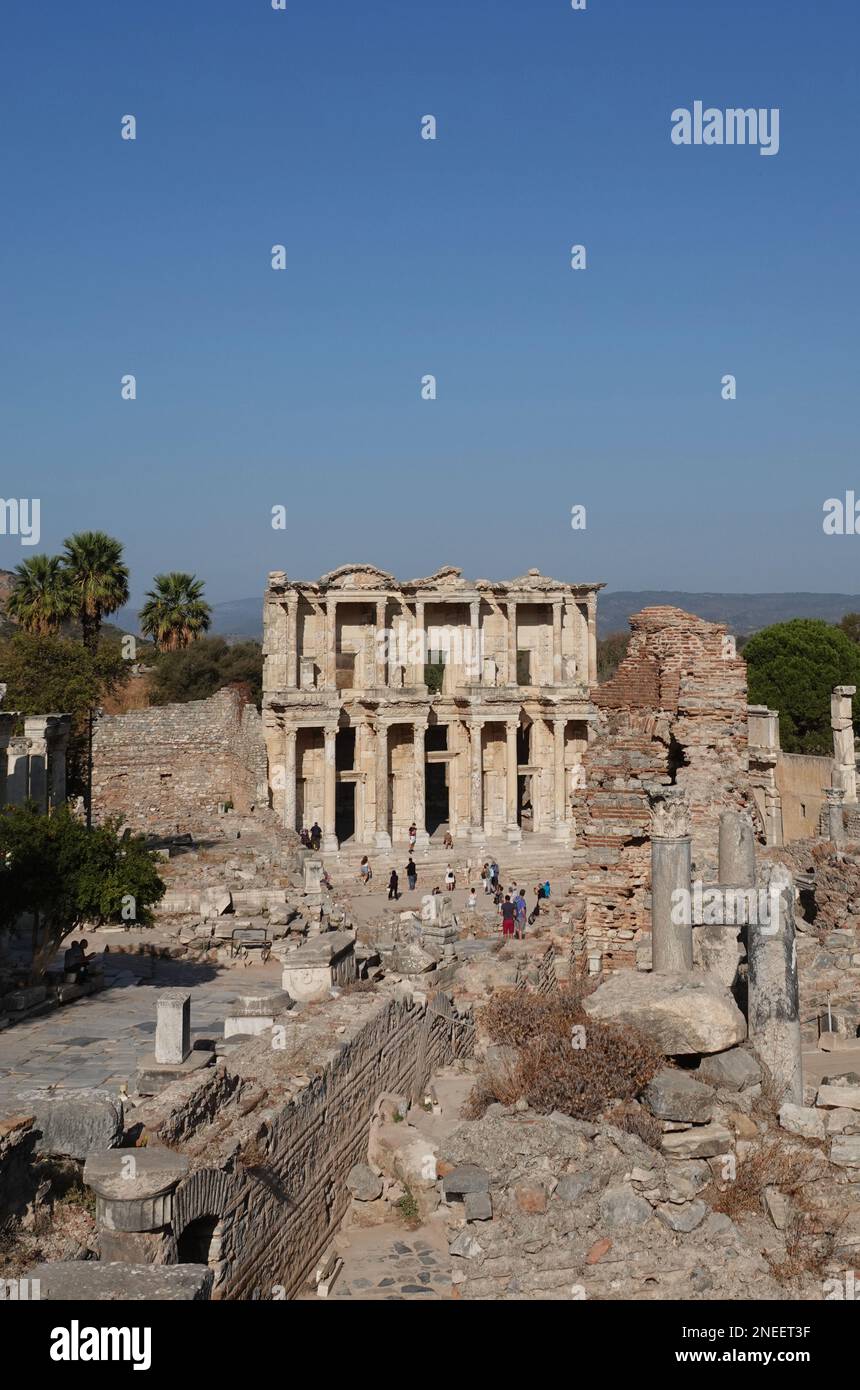 The Library of Celsus, an ancient Roman building in Ephesus, Anatolia, located near the modern town of Selçuk, in the İzmir Province of western Turkey Stock Photo