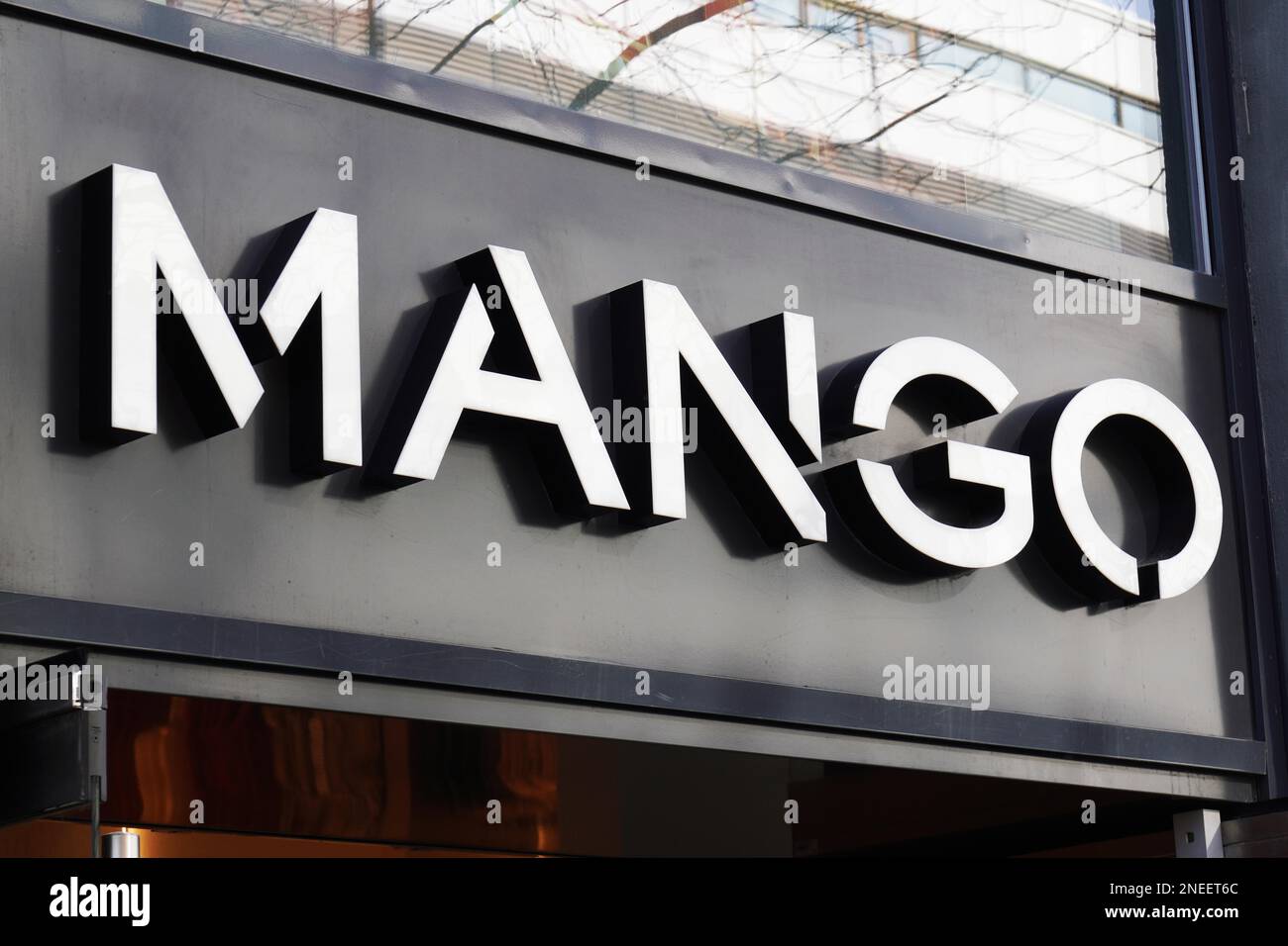 Hannover, Germany - March 2, 2020: Mango brand sign at local fashion store of spanish clothing manufacturer and retail company Stock Photo